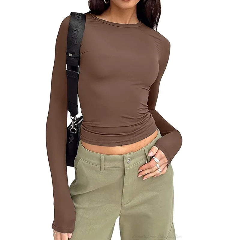 2026 Spring Autumn Women Y2K Pink T-Shirt Causal Long Sleeve Crop Tops O Neck Pullovers Base Tees Bodycon Slim Fit T Shirt