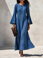 Cotton Linen Maxi Dress For Women Spring Fall Casual O Neck Buttoned Trumpeted Long-sleeve Loose Wide Hem Vacation Dresses Woman