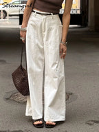White Cotton Linen Pants Women Wide Leg Formal Trousers Summer Straight Leg Suit Pants High Waist Ladies Formal Pants Loose