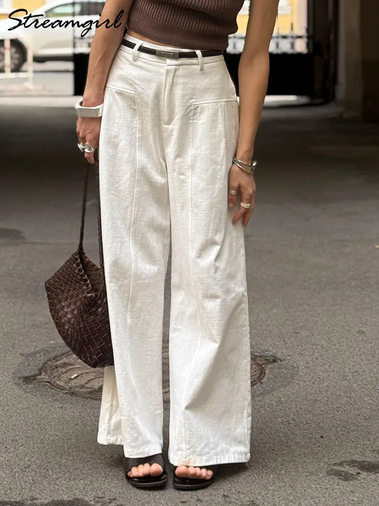 White Cotton Linen Pants Women Wide Leg Formal Trousers Summer Straight Leg Suit Pants High Waist Ladies Formal Pants Loose