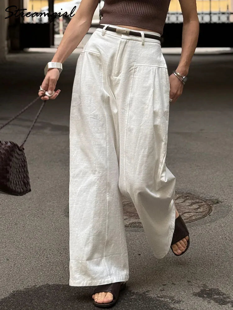 White Cotton Linen Pants Women Wide Leg Formal Trousers Summer Straight Leg Suit Pants High Waist Ladies Formal Pants Loose