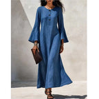 Cotton Linen Maxi Dress For Women Spring Fall Casual O Neck Buttoned Trumpeted Long-sleeve Loose Wide Hem Vacation Dresses Woman