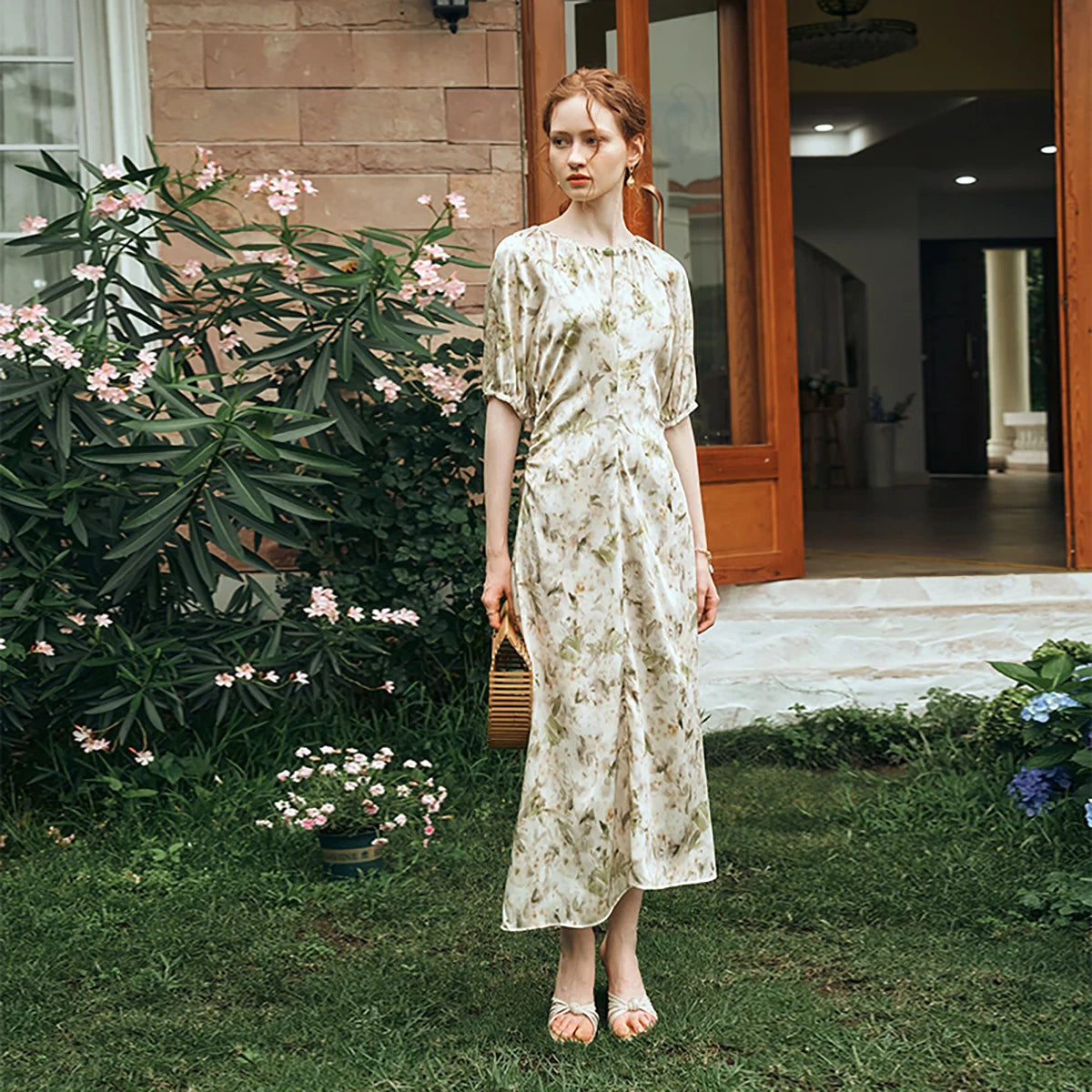 ‌OLrain Women Floral Satin Maxi Dress 2026 Casual Vintage Rushed Cinched Waist Elegant Dresses Woman Clothing Summer O24XL92293