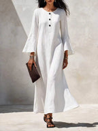 Cotton Linen Maxi Dress For Women Spring Fall Casual O Neck Buttoned Trumpeted Long-sleeve Loose Wide Hem Vacation Dresses Woman
