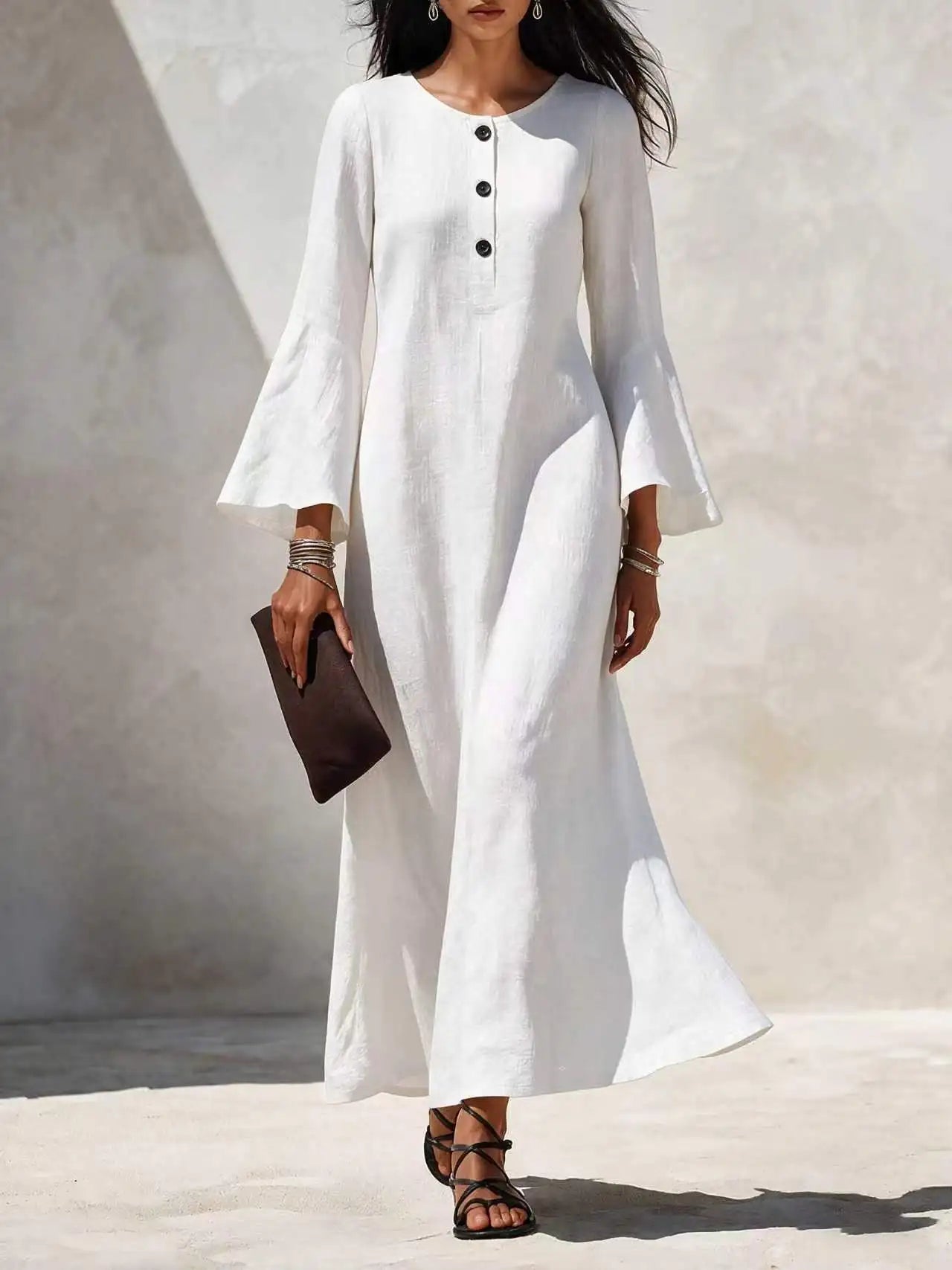 Cotton Linen Maxi Dress For Women Spring Fall Casual O Neck Buttoned Trumpeted Long-sleeve Loose Wide Hem Vacation Dresses Woman