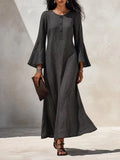 Cotton Linen Maxi Dress For Women Spring Fall Casual O Neck Buttoned Trumpeted Long-sleeve Loose Wide Hem Vacation Dresses Woman