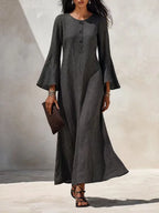 Cotton Linen Maxi Dress For Women Spring Fall Casual O Neck Buttoned Trumpeted Long-sleeve Loose Wide Hem Vacation Dresses Woman