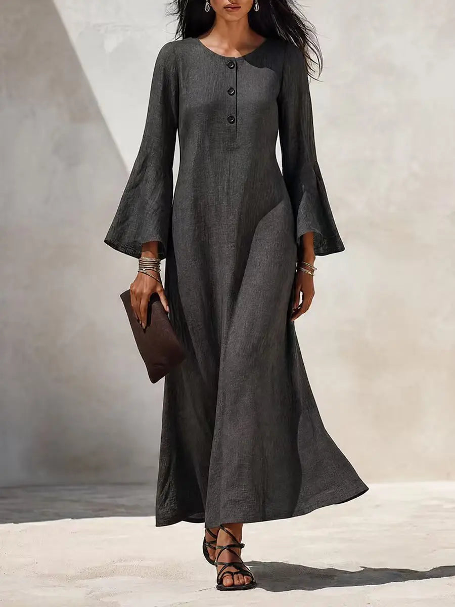 Cotton Linen Maxi Dress For Women Spring Fall Casual O Neck Buttoned Trumpeted Long-sleeve Loose Wide Hem Vacation Dresses Woman