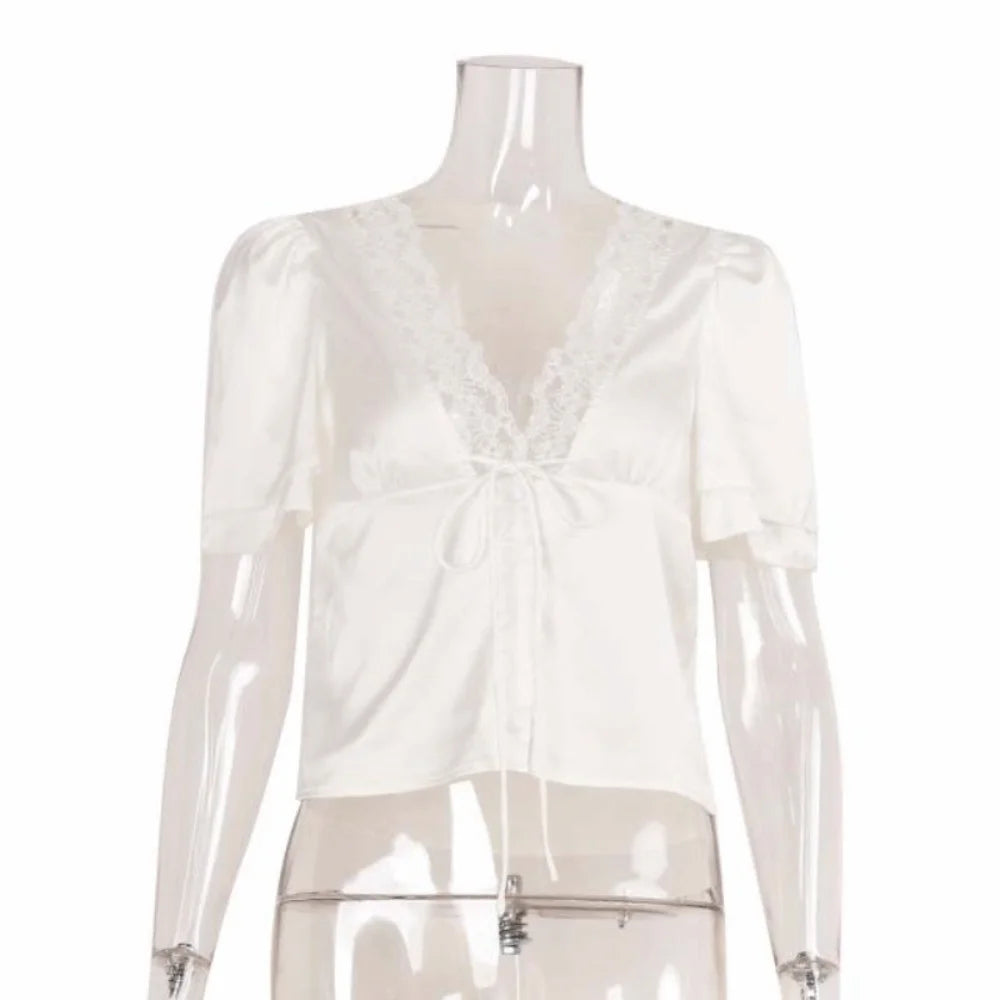 Short Sleeve Lace Patchwork Tops Solid Color Breathable V Neck Sheath Tees French Style Comfortable Shirt Blouse Daily Wear